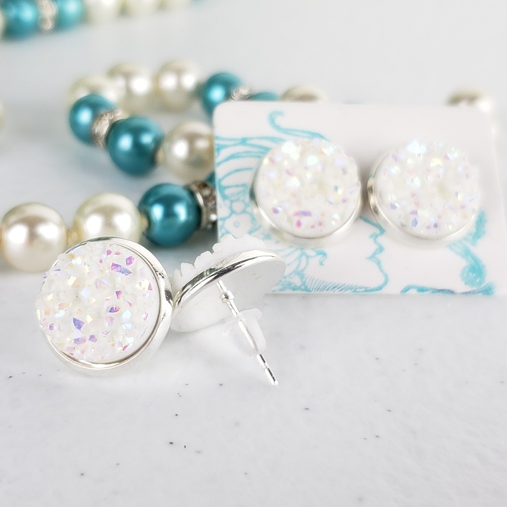 6/$20 White Iridescent Acrylic Druzy StudEarrings - Picture 4 of 5